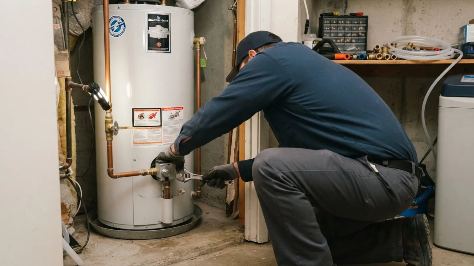 Licensed plumber repairing a residential water heater in Mansfield, TX
