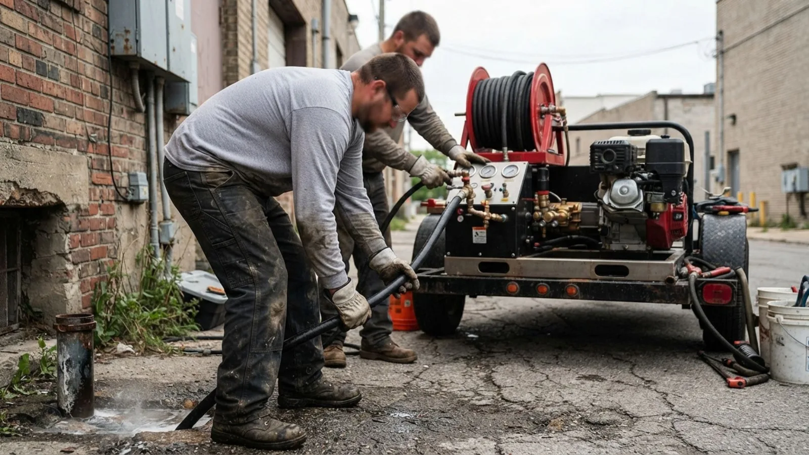 Hydro jetting trailer rig clearing a sewer line