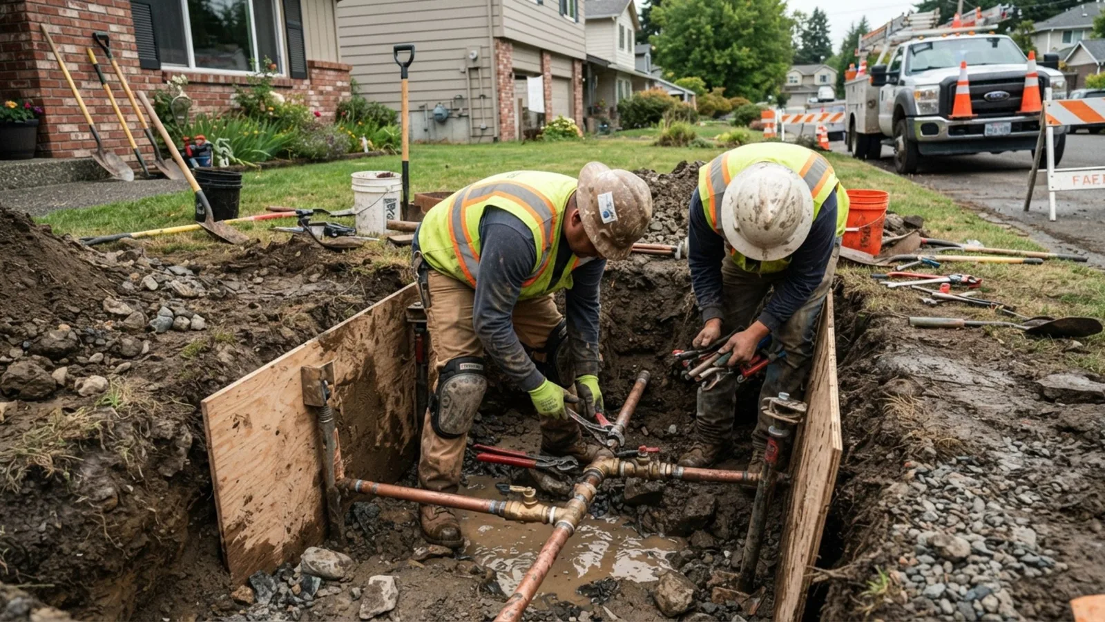 Underground pipe replacement work in a residential yard