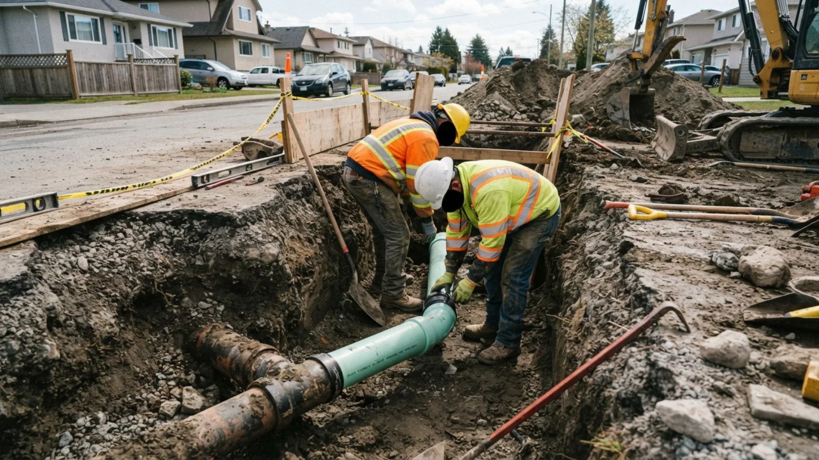 Open trench sewer line replacement in progress