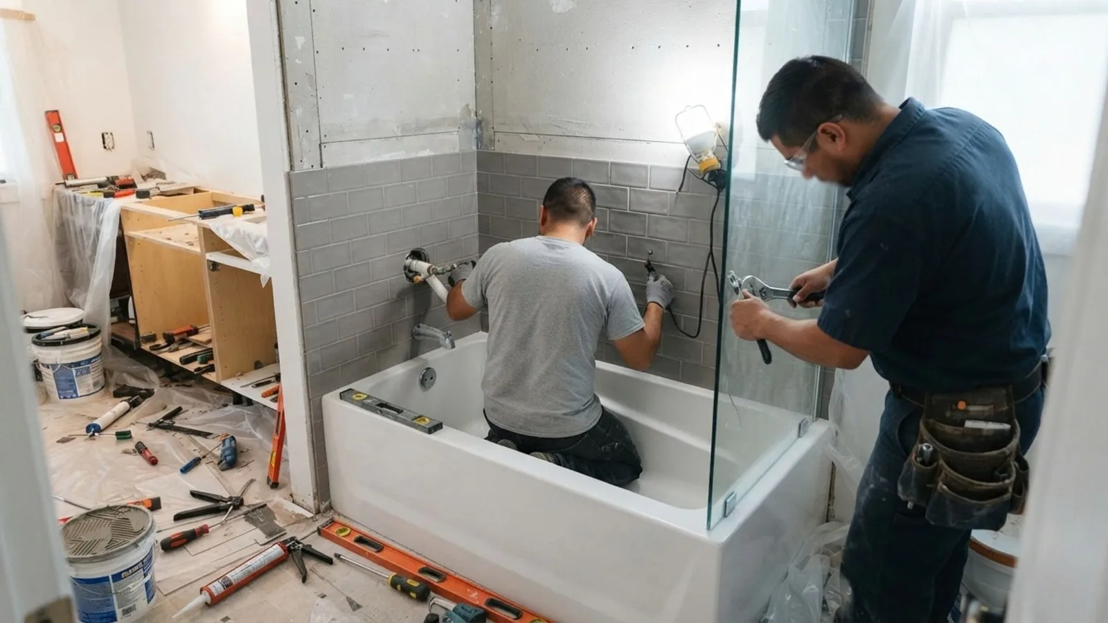 Technicians installing a new bathtub and tile surround