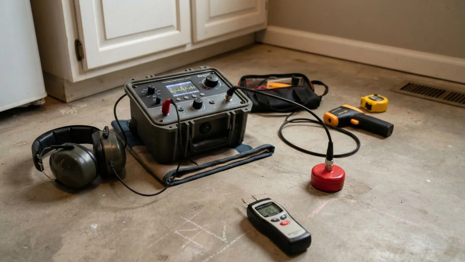 Electronic slab leak detection equipment on a concrete floor