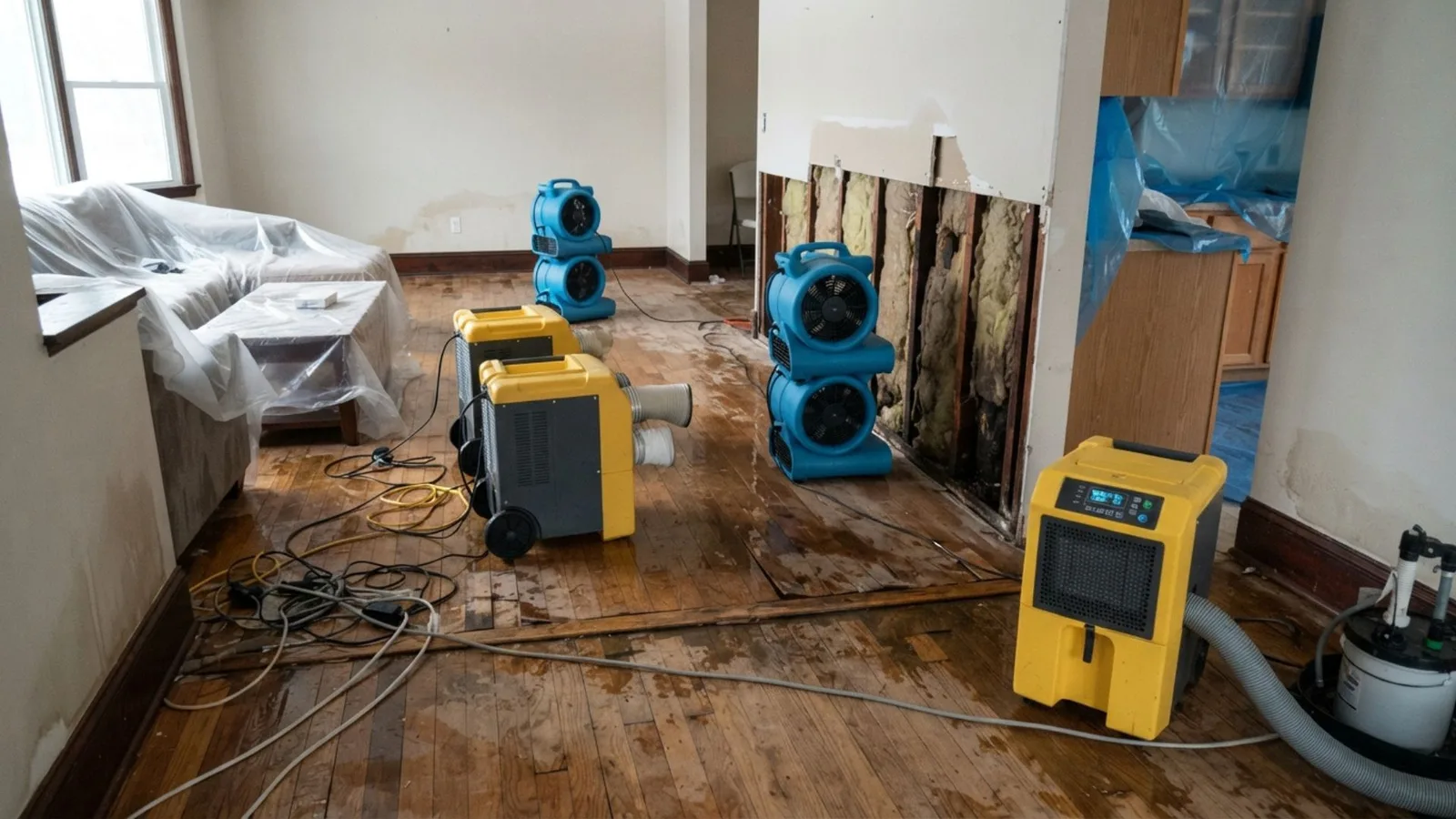 Structural drying equipment set up after water damage